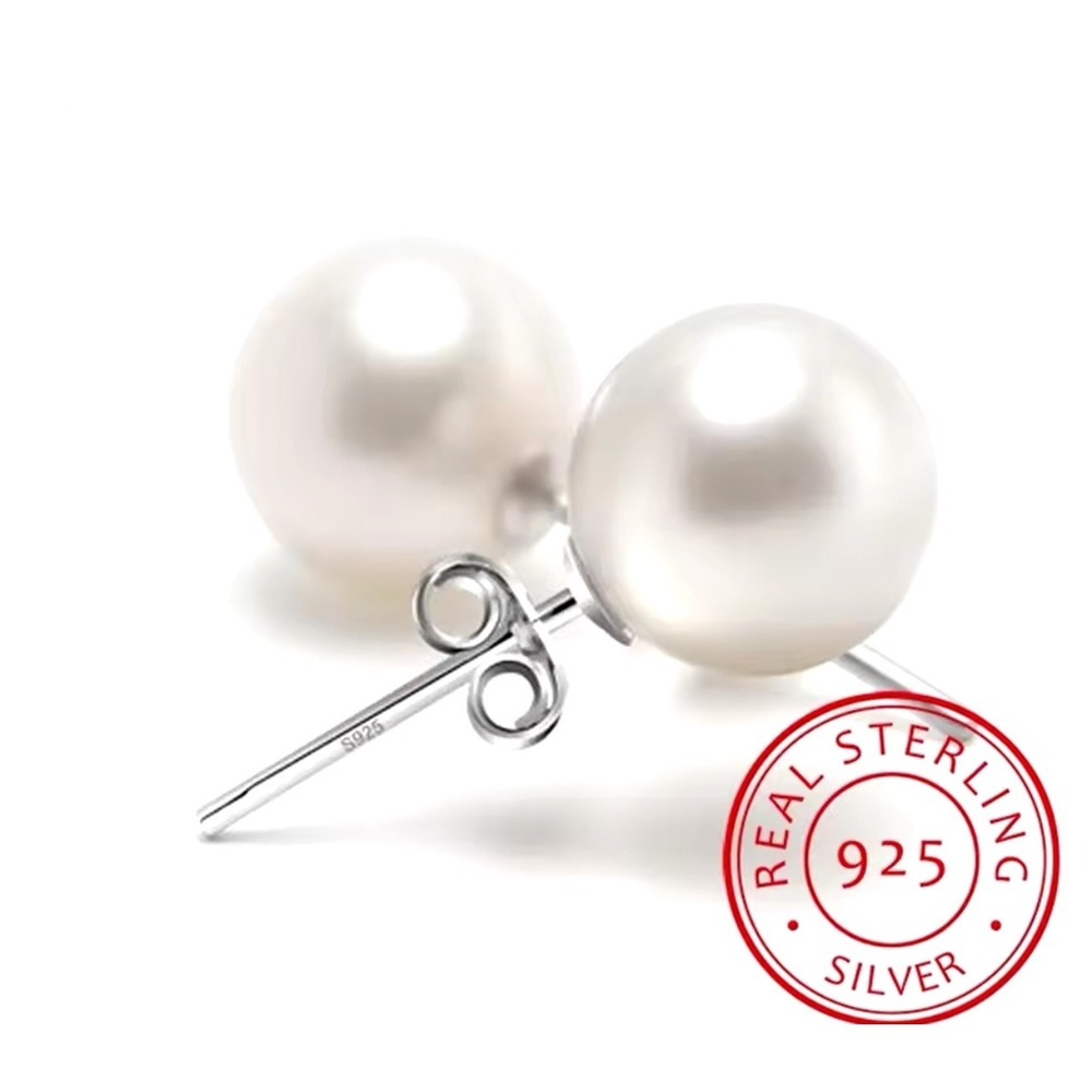 925 Silver Pearl 8mm Stud Earrings Real‎ Sterling Dainty Minimalist Jewelry